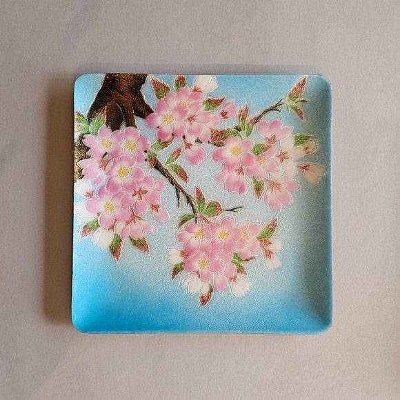 Beautiful Japanese Hinode Cloisonne Decorative Plate Cherry Blossoms NIB 7 x 7 - Picture 2 of 6
